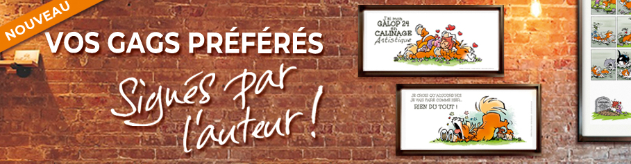 Posters humoristiques signés par l’auteur – série CARAMEL Posters humoristiques "Art mural" de CARAMEL accrochés au mur, signés par l’auteur