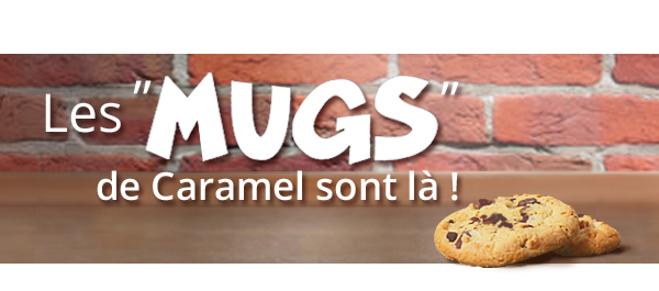 En-tête de la page tasses CARAMEL – boutique officielle Titre “TASSES CARAMEL” avec fond de briques et cookies