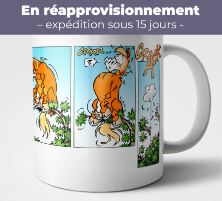 Rupture de stock de la Tasse CARAMEL « Dans l’arbre ! » : illustration humoristique du poney coincé dans un arbre.